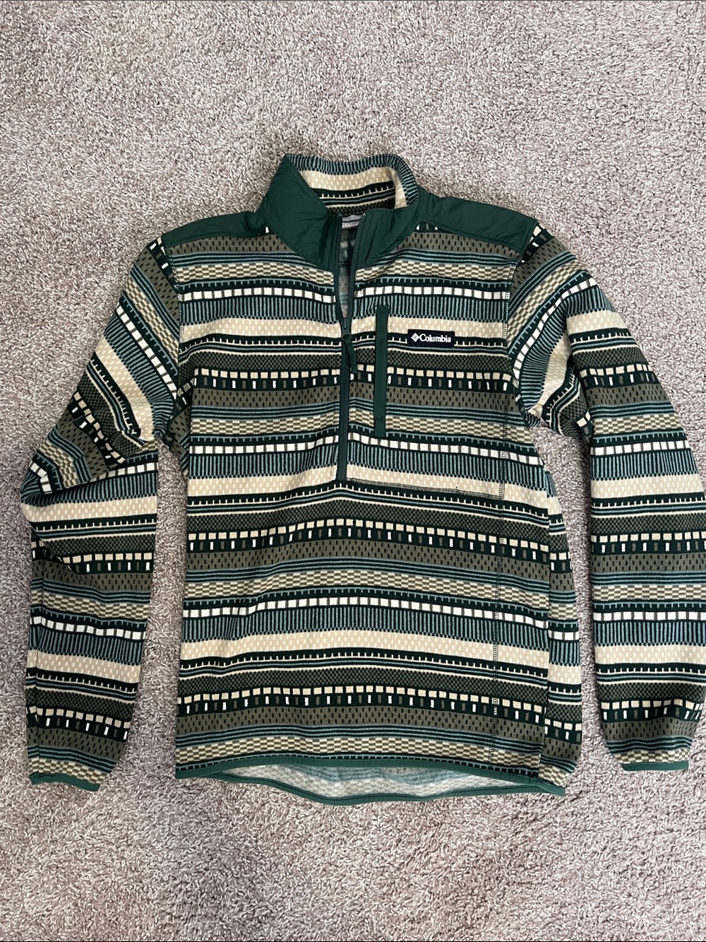 Columbia Men’s Green and Cream Patterned Half-Zip Sweater